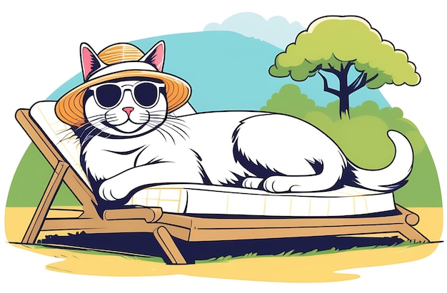 Kot w okularach przeciwsłonecznych i słomkowym kapeluszu zrelaksował się na leżaku w lecie