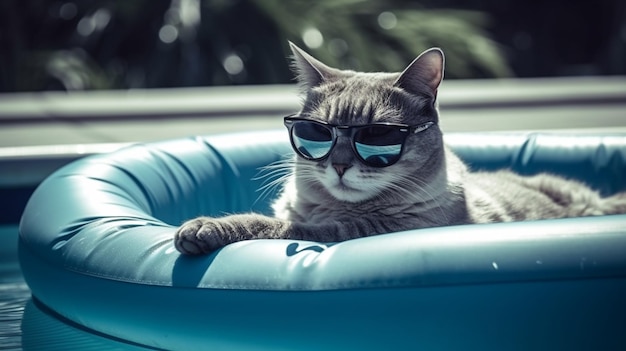 Kot w okularach przeciwsłonecznych odpoczywa w basenie na materacu generatywnym ai