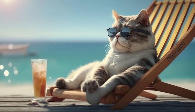 Kot w okularach przeciwsłonecznych relaksujący siedzący na leżaku w tle morza Generacyjna sztuczna inteligencja