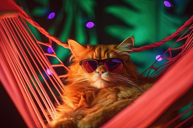 Kot w okularach przeciwsłonecznych w Hamaku w Tropical Garden Generative AI