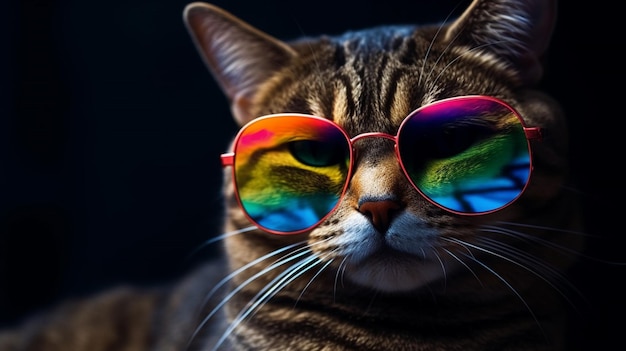 Kot w okularach przeciwsłonecznych z napisem „tęcza”.
