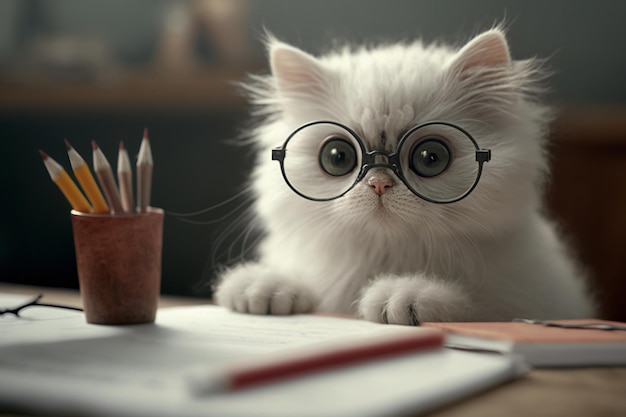 Kot w okularach siedzi na szkolnym biurku i uczy się Edukacja uczeń Strach podniecenie niepokój Pierwszy dzień Wróć do szkoły Generacyjna sztuczna inteligencja