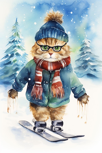 kot w okularach w zimowym szkicu