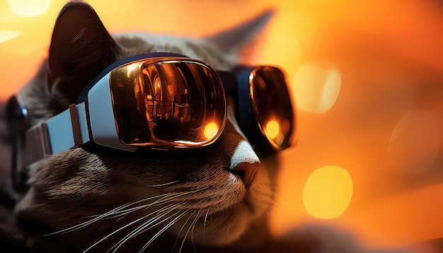 Kot w okularach wirtualnej rzeczywistości na pomarańczowym tle
