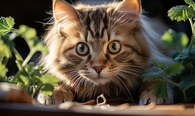 Kot w pobliżu rośliny