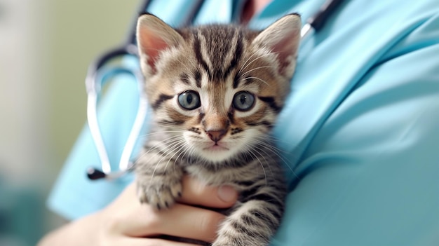 Kot w rękach lekarza kliniki weterynaryjnej leczenie zwierząt Wygenerowana sztuczna inteligencja