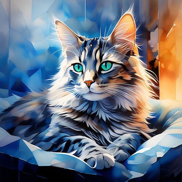 Zdjęcie kot w swoim łóżku hiperbarwny rysunek