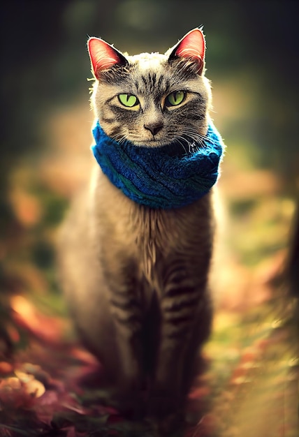 Kot w szaliku w jesiennym lesie.