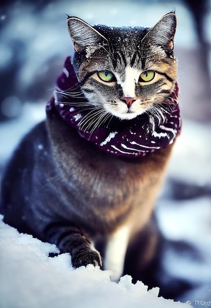 Kot w szaliku w śnieżnym lesie.