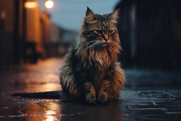 Kot w wieczornej ulicy deszczowej Generuj Ai