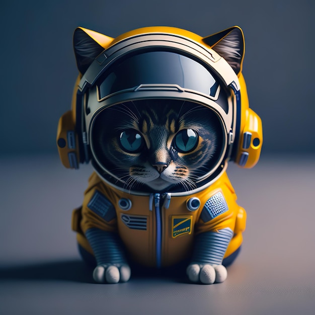 Kot w żółtym kostiumie astronauty siedzi na szarej powierzchni.