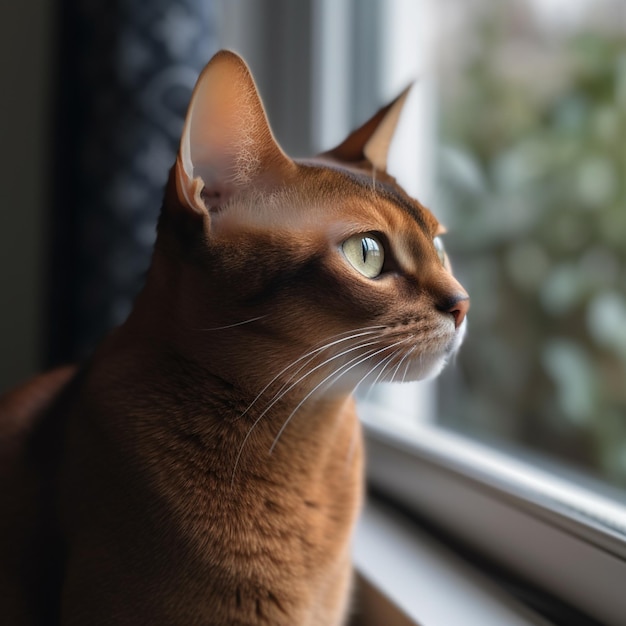 Kot wyglądający przez okno z napisem „z boku”.