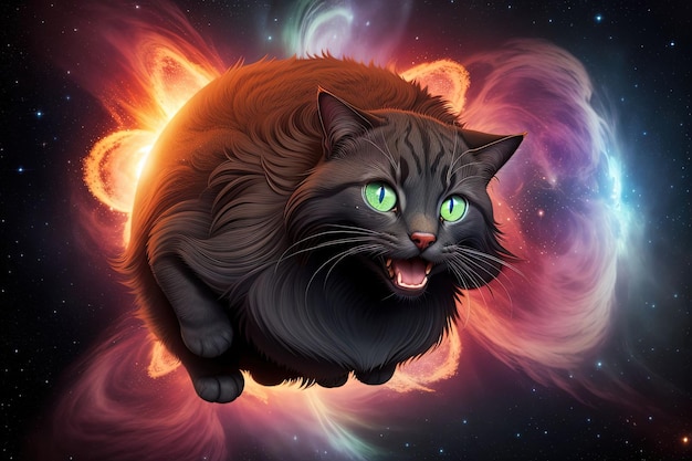 Kot wyskakujący z czarnej dziury, postać manga na tle wszechświata mgławicy, ilustracja anime, generatywna ai