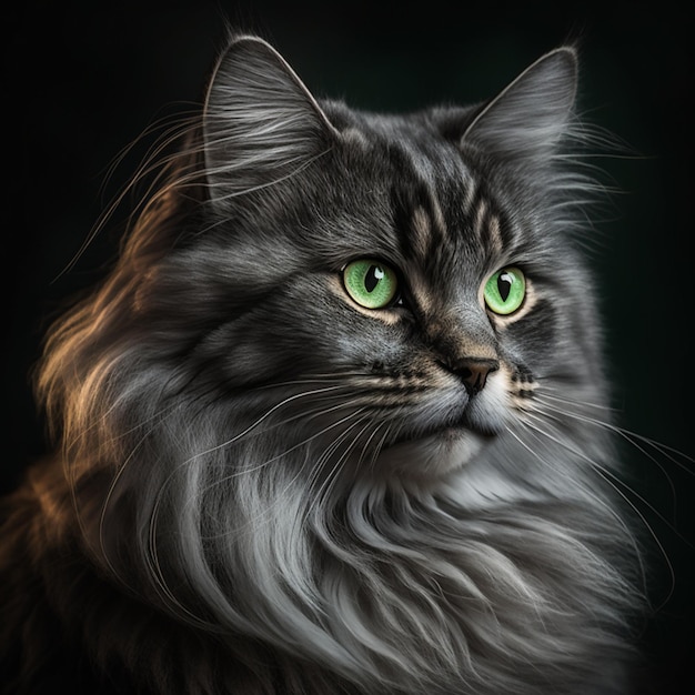 Kot z długimi włosami i zielonymi oczami siedzi na ciemnym tle.
