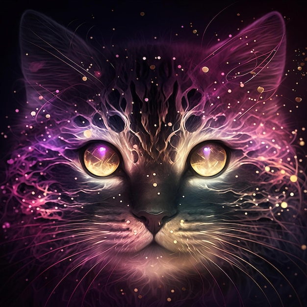 Kot z fioletowymi i żółtymi oczami jest przedstawiony na kolorowym obrazie.