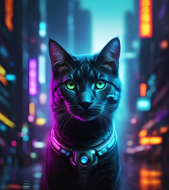 Kot z futurystycznym cyber naszyjnikiem na ulicy miejskiej w nocy generatywną ilustracją AI