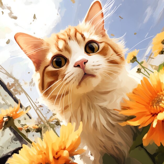 Kot z imbirem patrzy na pomarańczowe kwiaty