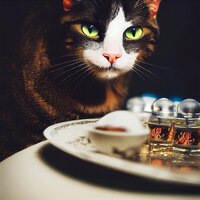 Zdjęcie kot z jedzeniem patrzący na ilustrację kamery