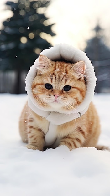 kot z kapturem na głowie siedzi w śniegu