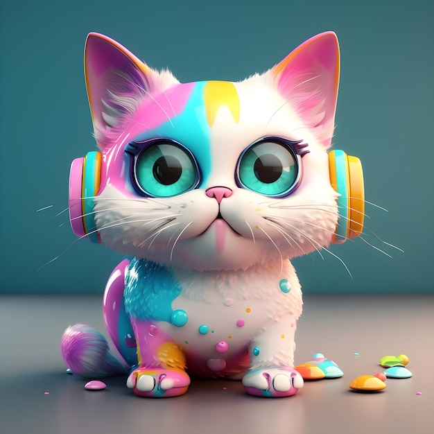 Zdjęcie kot z kolorowymi oczami siedzi na stole z kolorowymi cukierkami.