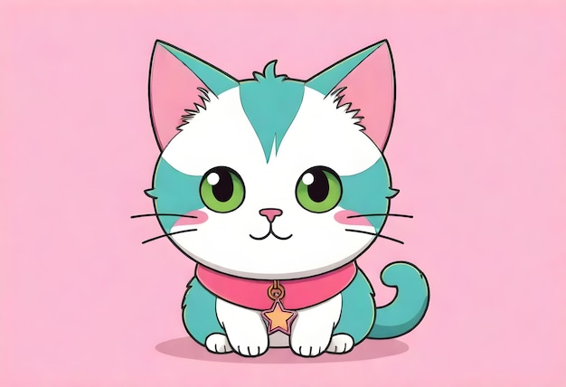 kot z kreskówką z zielonymi oczami i różowym tłem
