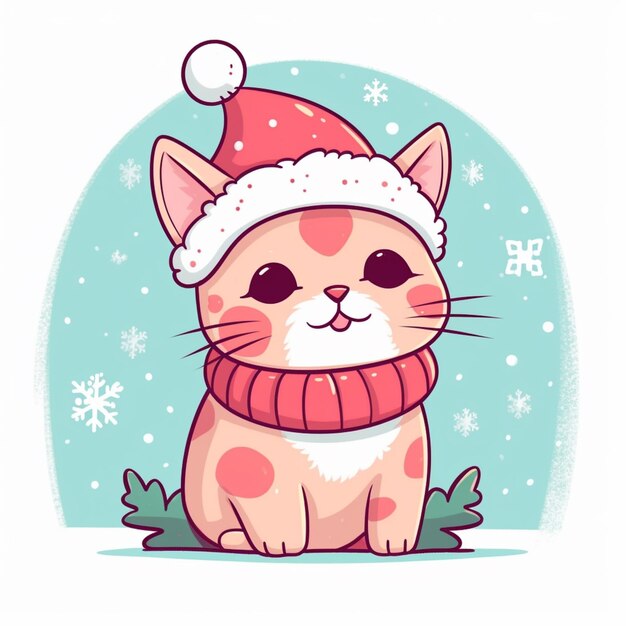 kot z kreskówki noszący kapelusz i szalik Świętego Mikołaja siedzący w śniegu generatywny ai