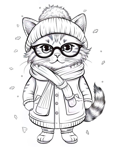 kot z kreskówki noszący kurtkę i kapelusz z sweterem, na którym jest napisane kot