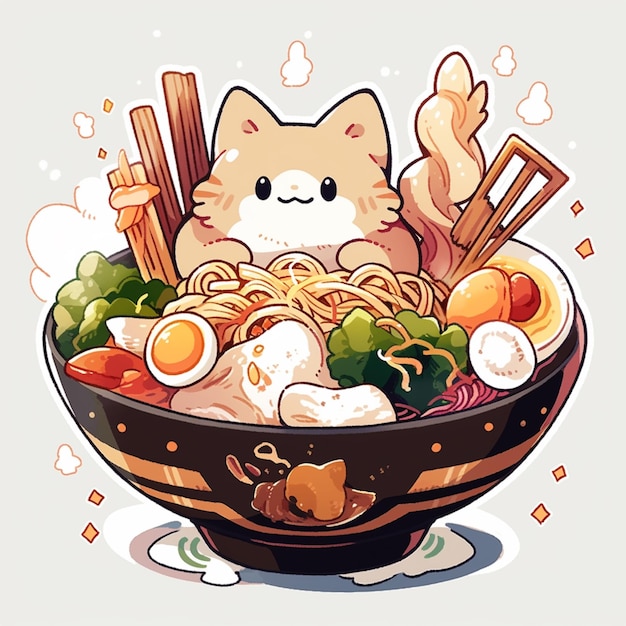 kot z kreskówki siedzący w misce makaronu z pałeczkami do jedzenia i jajkami generatywny ai