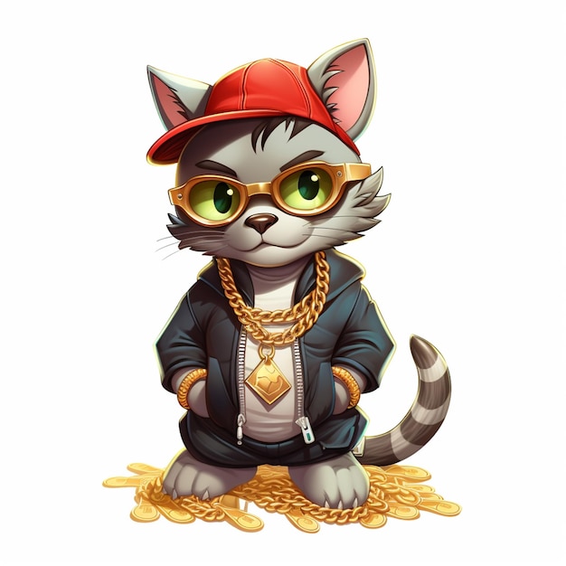 kot z kreskówki w kurtce i okularach słonecznych siedzący na stosie złotych monet generatywny ai