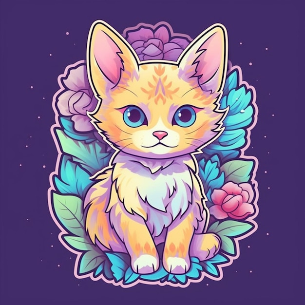 kot z kwiatami i liśćmi na fioletowym tle generatywny ai