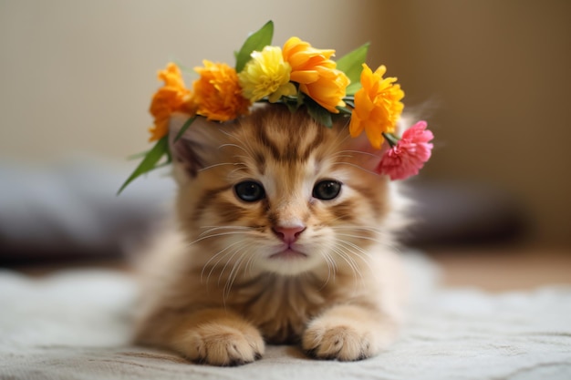 Kot z kwiatową koroną na głowie