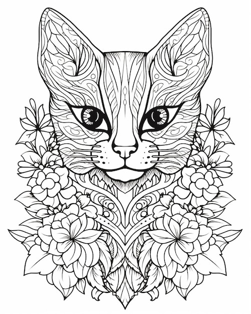 Zdjęcie kot z kwiatowym wzorem na twarzy i kwiatową obwódką wokół niego. generatywna sztuczna inteligencja.