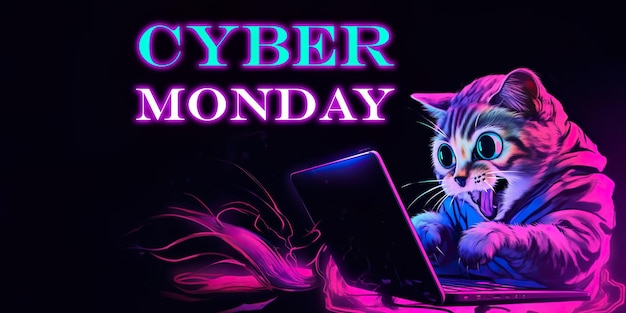 Zdjęcie kot z laptopem koncepcja sprzedaży czarnego piątku i cyber poniedziałku sezonowe wyprzedaże i zniżki gotowy projekt dla reklamy plakatów wakacyjnych na pocztówkach