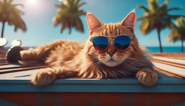 Kot z modnymi okularami przeciwsłonecznymi leży na dachu i podróżuje po plaży.