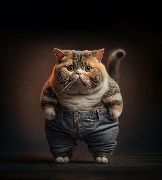 Kot z nadwagą ubrany w ubrania na kolorowym tle Generative AI
