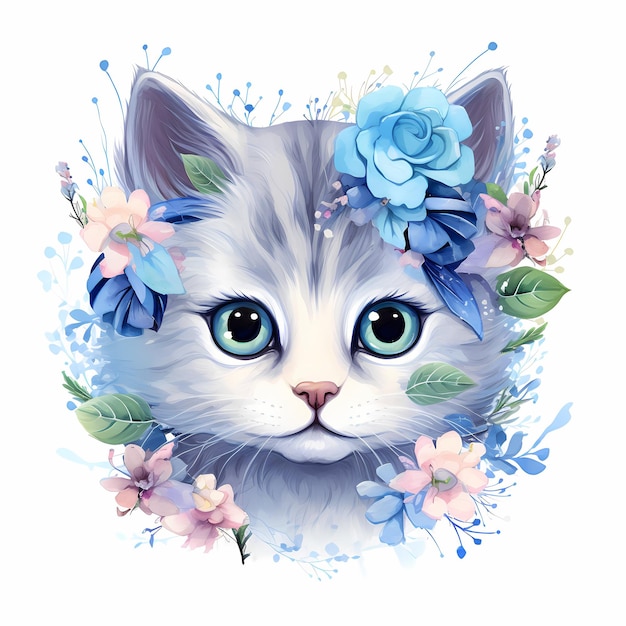 kot z niebieską głową i kwiatami na niej