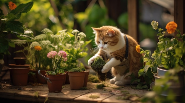 kot z niebieską uprzężą trzymający roślinę doniczkową przed rośliną doniczkową.