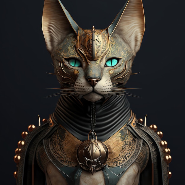 Kot z niebieskimi oczami i złotą zbroją