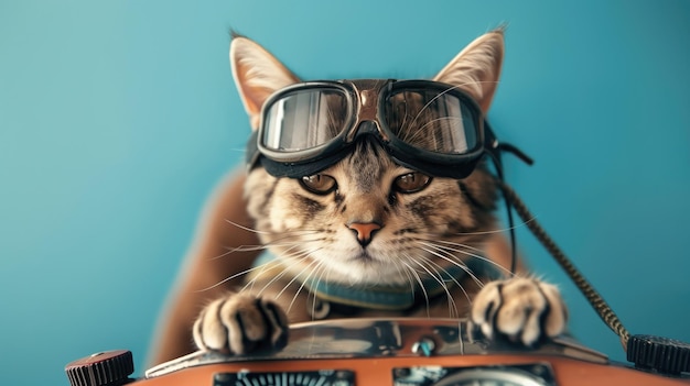 Kot z okularami pilota spoczywa łapami na kierownicy, co oznacza, że jest gotowy do jazdy lub lotu