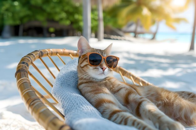 Kot z okularami przeciwsłonecznymi leżący na tropikalnej plaży