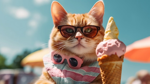 Kot z okularami przeciwsłonecznymi w słoneczny dzień i lody gotowe do spożycia