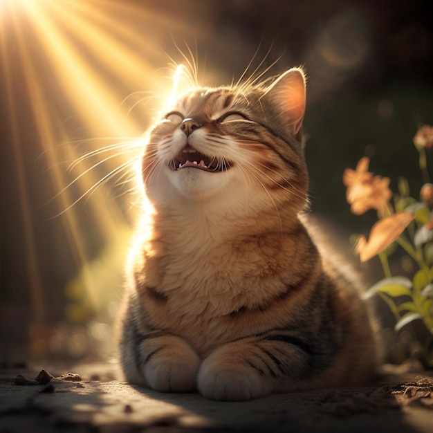 Kot z otwartymi oczami i świecącym na niego słońcem