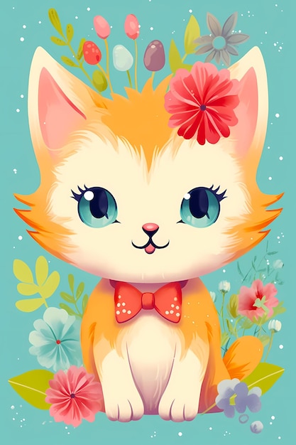Kot z pałeczką siedzący na polu kwiatów i margarit Generatywna sztuczna inteligencja
