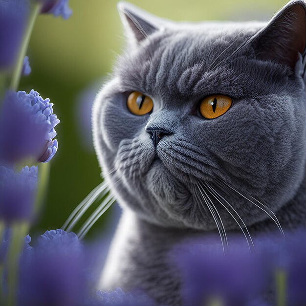 Kot z pomarańczowymi oczami jest na polu kwiatów.