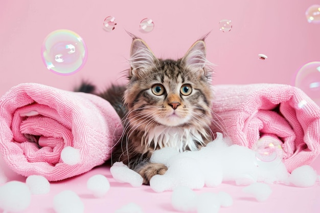 Kot z ręcznikami i bąbelkami mydlanymi