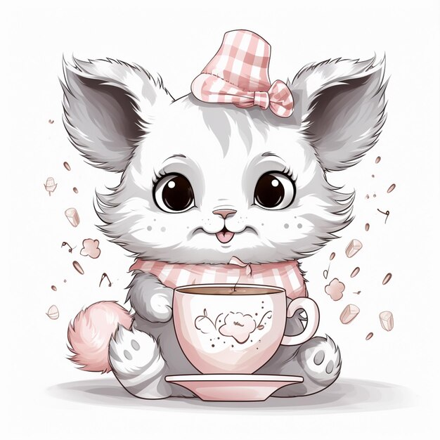 kot z różowym kapeluszem i filiżanką kawy generatywny ai