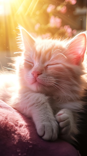 kot z różowym nosem i zamkniętymi oczami