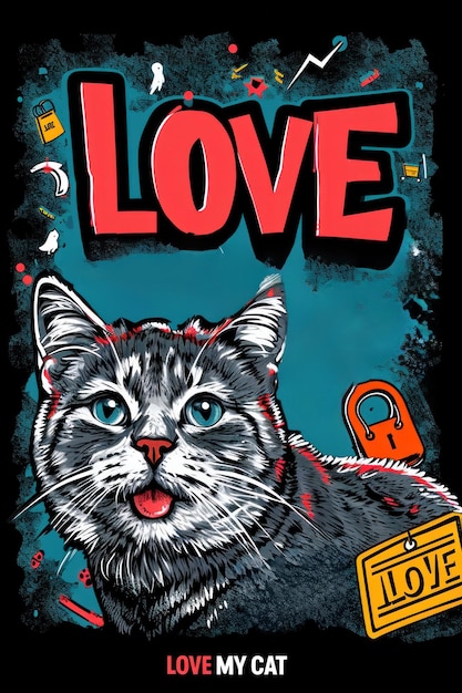 Kot z sercem miłości na twarzy i słowa "Kocham mojego kota".