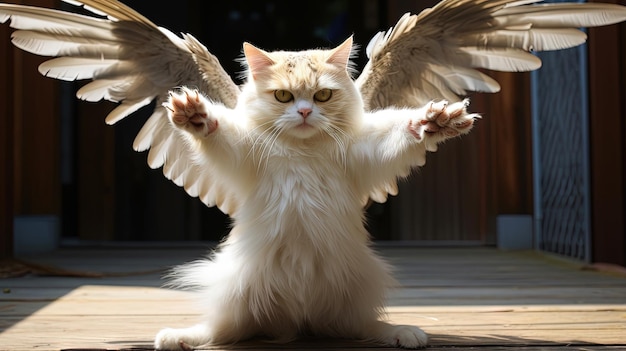 Zdjęcie kot z skrzydłami anioła zabawny zabawny uroczy kotek z skrzylami ptaka