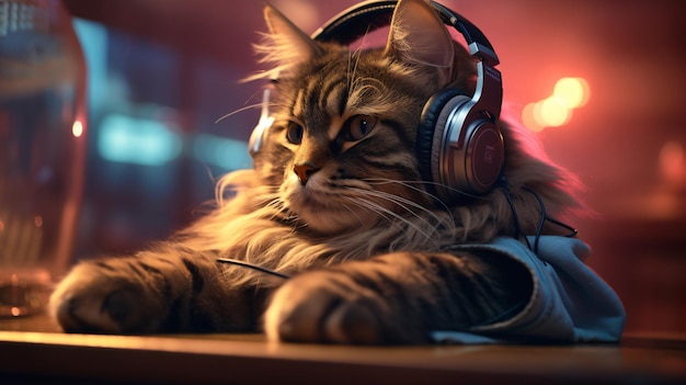 Kot z słuchawkami siedzi i słucha muzyki